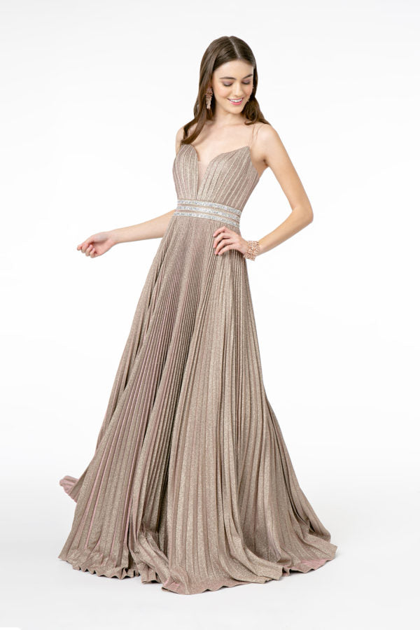 Illusion Deep V-Neck A-Line Pleated Long Dress with Metallic Glitter Finish-1