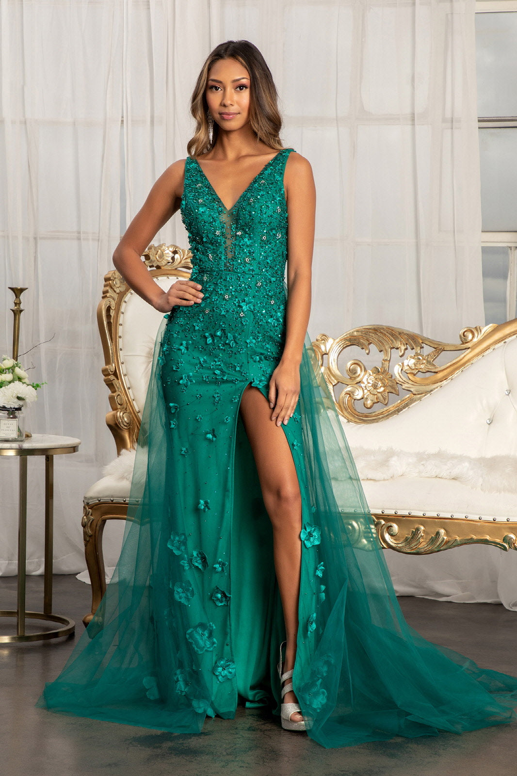 Rhinestone Embellished Mesh Mermaid Dress w/ 3-D Flower and Detached Layer-8