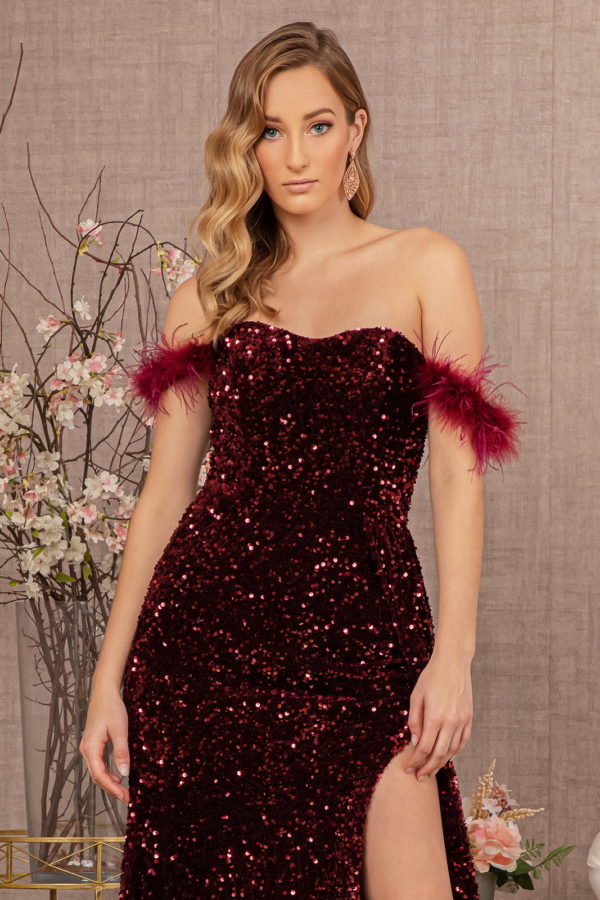 Feather Sequin Velvet Mermaid Dress w/ Velvet Side Waist Layer-12