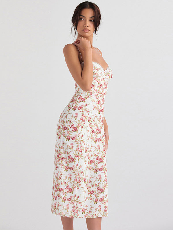 Elegant Floral Print Spaghetti Strap Midi Dress