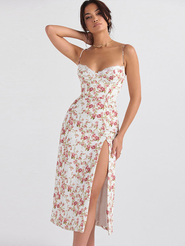 Elegant Floral Print Spaghetti Strap Midi Dress