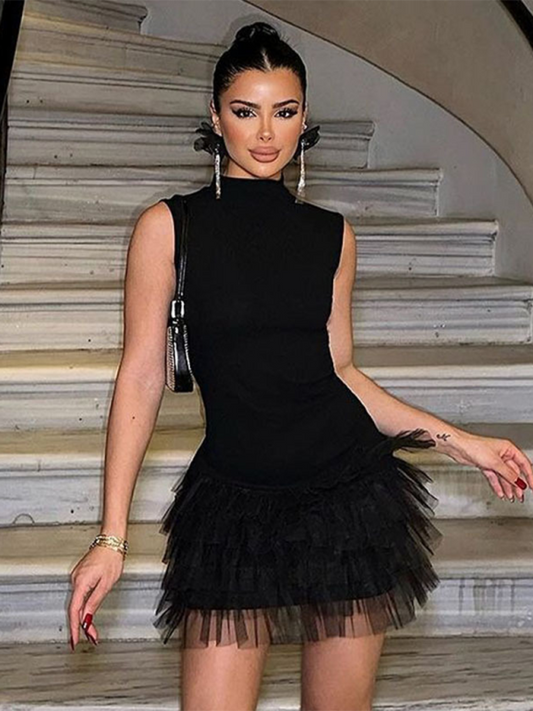 Elegant Black Tulle Ruffle Mini Dress